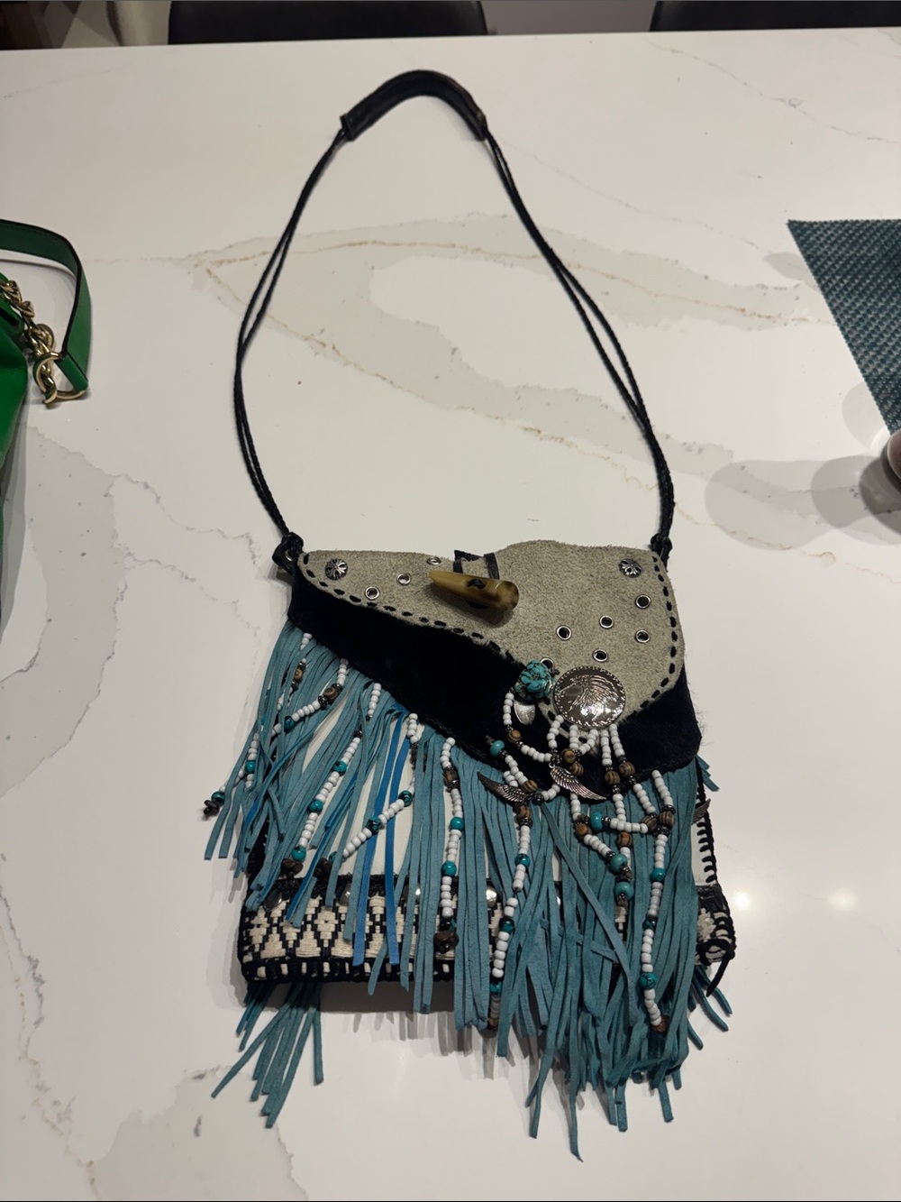 Boho Fringe Shoulder Bag in Teal and Black with Decorative Concho